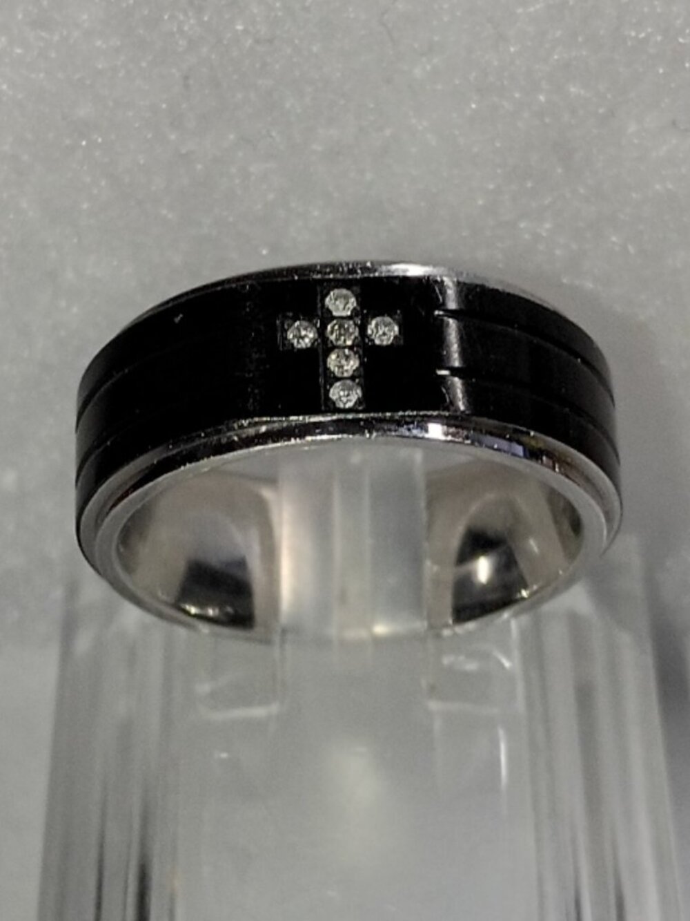 8mm Stainless Steel & Black Ion-Plated Diamond-Accent Cross Grooved Band